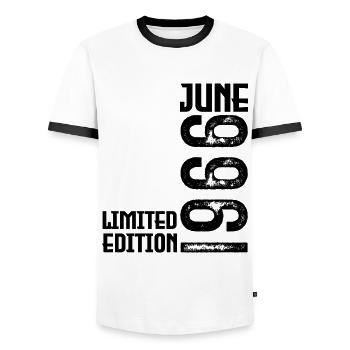 June 1966 Birthday June 1966 Gift. June 1966 - Men's Ringer Shirt - white/black - Front - AI Model Female 172 light (172cm) & AI Model Male 178 dark (178cm)