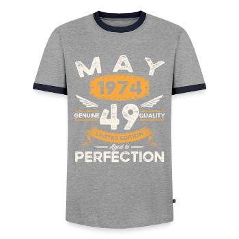 49th Birthday Man May Born 1974 Legendary - Men's Ringer Shirt - grey/navy  - Front - AI Model Female 172 light (172cm) & AI Model Male 178 light (178cm)