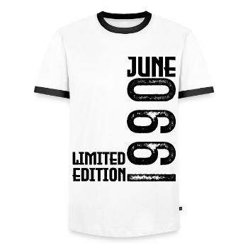 Gift June 1990 anniversary June 1990. June 1990 - Men's Ringer Shirt - white/black - Front - AI Model Female 172 light (172cm) & AI Model Male 178 dark (178cm)