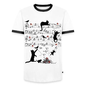 Notenblatt Katzen Herzen Musik Amsel - Männer Kontrast-T-Shirt - Weiß/Schwarz - Vorne - AI Model Female 172 light (172cm) & AI Model Male 178 dark (178cm)