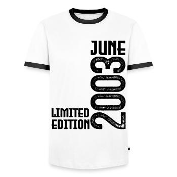 Gift June 2003 anniversary June 2003. June 2003 - Men's Ringer Shirt - white/black - Front - AI Model Female 172 light (172cm) & AI Model Male 178 dark (178cm)