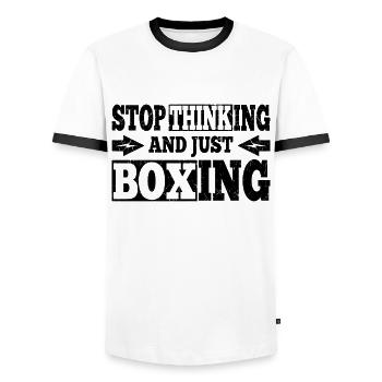Funny Boxing Quote Stop Thinking And Just Boxing - Men's Ringer Shirt - white/black - Front - AI Model Female 172 light (172cm) & AI Model Male 178 dark (178cm)