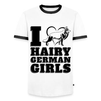 I Heart Hairy Police Dogs German Shepherd Lover - Men's Ringer Shirt - white/black - Front - AI Model Female 172 light (172cm) & AI Model Male 178 dark (178cm)