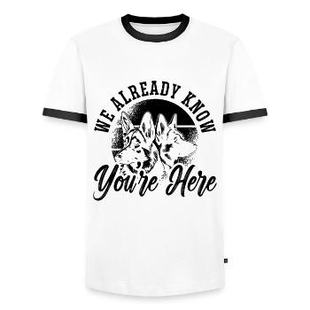 We Already Know Police Dog German Shepherd Lover - Men's Ringer Shirt - white/black - Front - AI Model Female 172 light (172cm) & AI Model Male 178 dark (178cm)