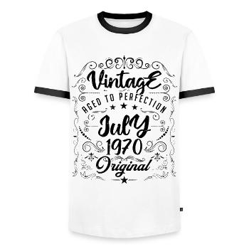 Jahrgang Geboren im Juli 1970 Jubiläum Juli - Männer Kontrast-T-Shirt - Weiß/Schwarz - Vorne - AI Model Female 172 light (172cm) & AI Model Male 178 dark (178cm)
