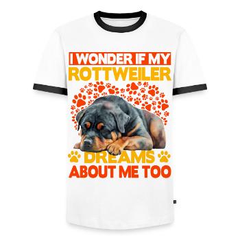 I wonder if my Rottweiler dreams about me too - Männer Kontrast-T-Shirt - Weiß/Schwarz - Vorne - AI Model Female 172 light (172cm) & AI Model Male 178 dark (178cm)