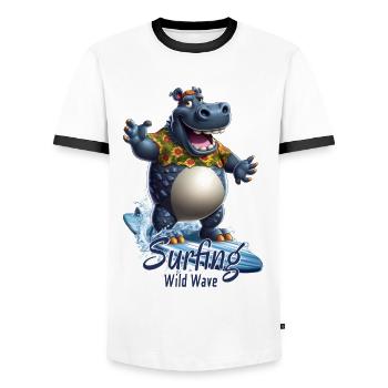 Drôle d’hippopotame avec une planche de surf - surfeur - T-shirt contrasté Homme - blanc/noir - Devant - AI Model Female 172 light (172cm) & AI Model Male 178 dark (178cm)