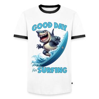 Funny shark with a surfboard - surfer - Men's Ringer Shirt - white/black - Front - AI Model Female 172 light (172cm) & AI Model Male 178 dark (178cm)