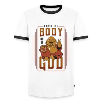 J’ai le corps d’un dieu, drôle de Bouddha - T-shirt contrasté Homme - blanc/noir - Devant - AI Model Female 172 light (172cm) & AI Model Male 178 dark (178cm)