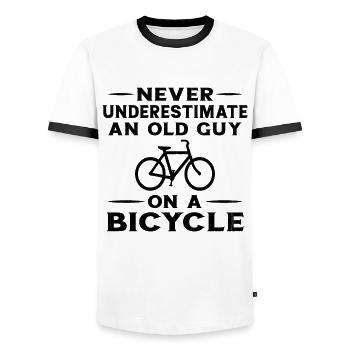 Never Underestimate an Old Man With a Bike - Men's Ringer Shirt - white/black - Front - AI Model Female 172 light (172cm) & AI Model Male 178 dark (178cm)
