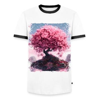 Aesthetic Cherry Blossom Beautiful Sakura Tree - Men's Ringer Shirt - white/black - Front - AI Model Female 172 light (172cm) & AI Model Male 178 dark (178cm)