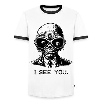 Brille aus dem Weltraum: Alien, ich sehe dich - Männer Kontrast-T-Shirt - Weiß/Schwarz - Vorne - AI Model Female 172 light (172cm) & AI Model Male 178 dark (178cm)