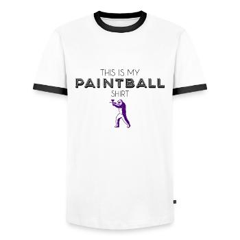 paintball shirt - Men's Ringer Shirt - white/black - Front - AI Model Female 172 light (172cm) & AI Model Male 178 dark (178cm)