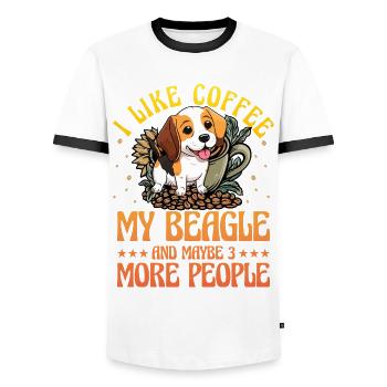 I like coffee my beagle and maybe 3 people - Men's Ringer Shirt - white/black - Front - AI Model Female 172 light (172cm) & AI Model Male 178 dark (178cm)