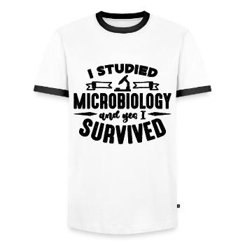 I Studied Microbiology MIcroscope Microbiologists - Men's Ringer Shirt - white/black - Front - AI Model Female 172 light (172cm) & AI Model Male 178 dark (178cm)