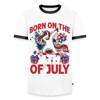 Born on the 4th of July - Men's Ringer Shirt - white/black - Front - AI Model Female 172 light (172cm) & AI Model Male 178 dark (178cm)