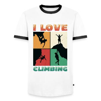 I love rock climbing, rock climbing - Men's Ringer Shirt - white/black - Front - AI Model Female 172 light (172cm) & AI Model Male 178 dark (178cm)