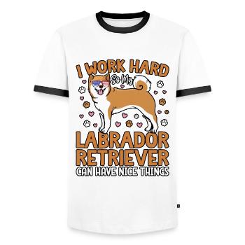 I WORK HARD SO MY LABRADOR CAN HAVE NICE THINGS - Men's Ringer Shirt - white/black - Front - AI Model Female 172 light (172cm) & AI Model Male 178 dark (178cm)