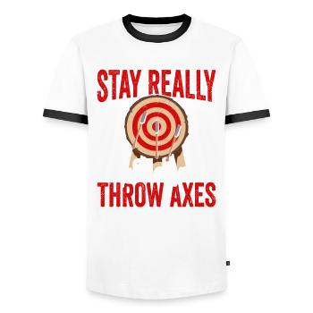 Stay really keen axe throwing lovers - Men's Ringer Shirt - white/black - Front - AI Model Female 172 light (172cm) & AI Model Male 178 dark (178cm)