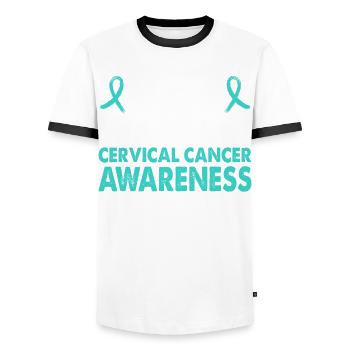 Mois de la sensibilisation au cancer du col de l’utérus - T-shirt contrasté Homme - blanc/noir - Devant - AI Model Female 172 light (172cm) & AI Model Male 178 dark (178cm)