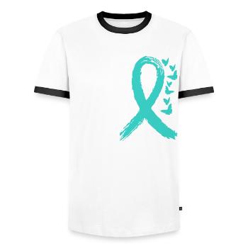 Votre combat est contre le cancer du col de l’utérus - T-shirt contrasté Homme - blanc/noir - Devant - AI Model Female 172 light (172cm) & AI Model Male 178 dark (178cm)
