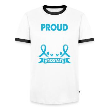 Father of Prostate Cancer Warrior Consciousness - Men's Ringer Shirt - white/black - Front - AI Model Female 172 light (172cm) & AI Model Male 178 dark (178cm)