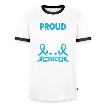 Wife of Prostate Cancer Warrior Consciousness - Men's Ringer Shirt - white/black - Front - AI Model Female 172 light (172cm) & AI Model Male 178 dark (178cm)