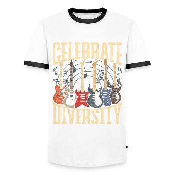 Guitarist Guitarist Celebrate Diversity - Men's Ringer Shirt - white/black - Front - AI Model Female 172 light (172cm) & AI Model Male 178 dark (178cm)