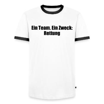 Feuerwehr - Ein Team. Ein Zweck: Rettung - Männer Kontrast-T-Shirt - Weiß/Schwarz - Vorne - AI Model Female 172 light (172cm) & AI Model Male 178 dark (178cm)