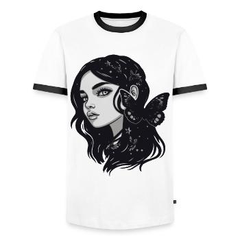 Schmetterlinge begleiten Gothic-Frau im Dunkeln - Männer Kontrast-T-Shirt - Weiß/Schwarz - Vorne - AI Model Female 172 light (172cm) & AI Model Male 178 dark (178cm)