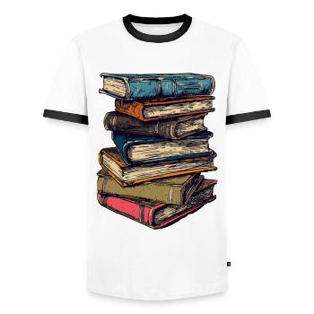 Stack of books for bookworms and bookworms - Men's Ringer Shirt - white/black - Front - AI Model Female 172 light (172cm) & AI Model Male 178 dark (178cm)
