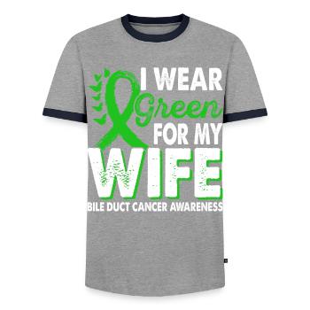 Wear green for wife bile duct cancer - Men's Ringer Shirt - grey/navy  - Front - AI Model Female 172 light (172cm) & AI Model Male 178 light (178cm)