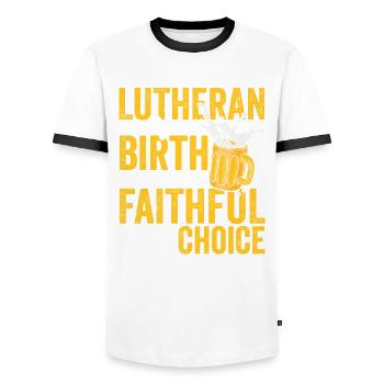 Lutherans by Birth Religion Confirmation - Men's Ringer Shirt - white/black - Front - AI Model Female 172 light (172cm) & AI Model Male 178 dark (178cm)