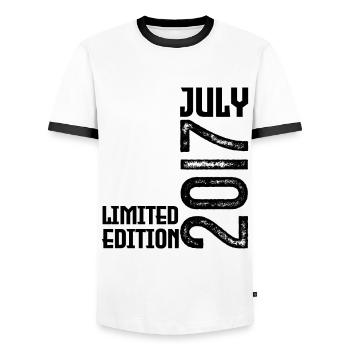 Gift July 2017. Birthday July 2017. - Men's Ringer Shirt - white/black - Front - AI Model Female 172 light (172cm) & AI Model Male 178 dark (178cm)