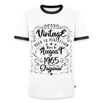 Vintage born in August 1965. Birthday August 1965 - Men's Ringer Shirt - white/black - Front - AI Model Female 172 light (172cm) & AI Model Male 178 dark (178cm)
