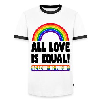 Pride LGBT Love Wins, We're Queer and Proud - Men's Ringer Shirt - white/black - Front - AI Model Female 172 light (172cm) & AI Model Male 178 dark (178cm)