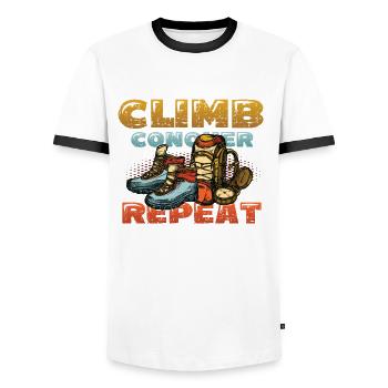 Climbing, conquering, repeating, mountaineering - Men's Ringer Shirt - white/black - Front - AI Model Female 172 light (172cm) & AI Model Male 178 dark (178cm)