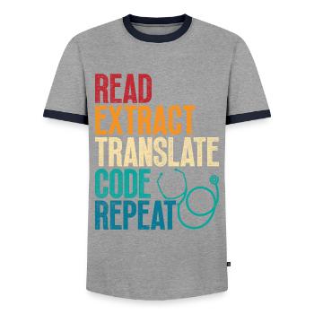 Coding Specialist Medical Encoder - Men's Ringer Shirt - grey/navy  - Front - AI Model Female 172 light (172cm) & AI Model Male 178 light (178cm)