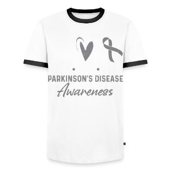 Peace Love Cure Parkinson's Disease - Men's Ringer Shirt - white/black - Front - AI Model Female 172 light (172cm) & AI Model Male 178 dark (178cm)