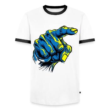Oui, vous: Main bleue pointant du doigt - T-shirt contrasté Homme - blanc/noir - Devant - AI Model Female 172 light (172cm) & AI Model Male 178 dark (178cm)