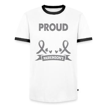 Husband of Parkinson's disease warrior - Men's Ringer Shirt - white/black - Front - AI Model Female 172 light (172cm) & AI Model Male 178 dark (178cm)