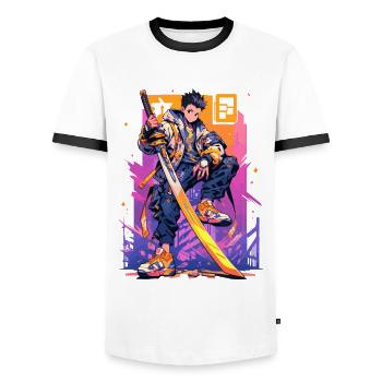 Shibuya: Cooler Anime Junge mit Schwert Japanisch - Männer Kontrast-T-Shirt - Weiß/Schwarz - Vorne - AI Model Female 172 light (172cm) & AI Model Male 178 dark (178cm)