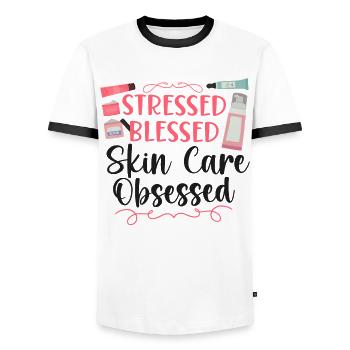 Soins de la peau d’esthéticienne agréée mignonne - T-shirt contrasté Homme - blanc/noir - Devant - AI Model Female 172 light (172cm) & AI Model Male 178 dark (178cm)