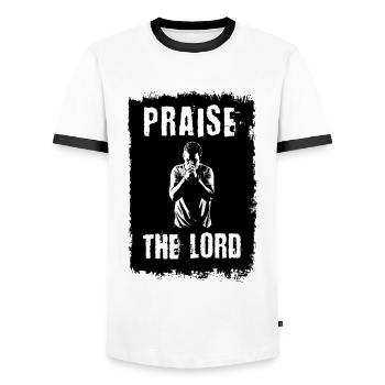 Messages from the Bible Jesus Praise the Lord - Men's Ringer Shirt - white/black - Front - AI Model Female 172 light (172cm) & AI Model Male 178 dark (178cm)