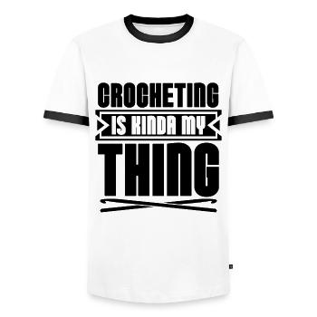 Le crochet est un peu mon truc coudre l’amant au crochet - T-shirt contrasté Homme - blanc/noir - Devant - AI Model Female 172 light (172cm) & AI Model Male 178 dark (178cm)