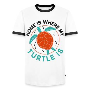 La maison des tortues de mer est l’endroit où - T-shirt contrasté Homme - blanc/noir - Devant - AI Model Female 172 light (172cm) & AI Model Male 178 dark (178cm)