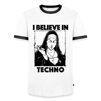 Techno Nun I Believe In Techno - Men's Ringer Shirt - white/black - Front - AI Model Female 172 light (172cm) & AI Model Male 178 dark (178cm)