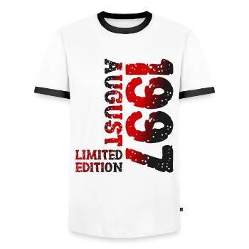 1997 August Limited Edition 26th Birthday Outfit - Men's Ringer Shirt - white/black - Front - AI Model Female 172 light (172cm) & AI Model Male 178 dark (178cm)