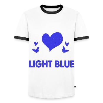 In February, we wear light blue Angelman syndrome - Men's Ringer Shirt - white/black - Front - AI Model Female 172 light (172cm) & AI Model Male 178 dark (178cm)