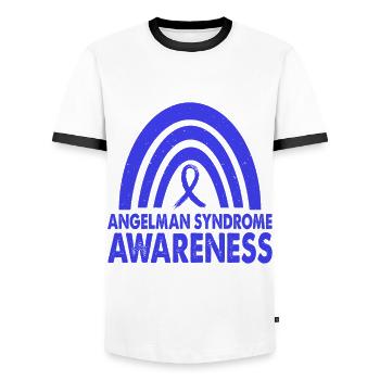 In February, we wear light blue Angelman syndrome - Men's Ringer Shirt - white/black - Front - AI Model Female 172 light (172cm) & AI Model Male 178 dark (178cm)